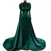 Mermaid Arabic Dubai Evening Dresses with Overskirt Beaded Peplum Long Sleeves High Neck Muslim Celebrity Formal Party Gowns Prom Dress Xu