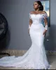 Elegant Lace Mermaid Wedding Dress Sheer Crew Neck Long Sleeves Bridal Gowns Beaded Bride robes de mariee Plus Size BC14725