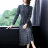 Dress Spring Autumn Women's Clothing Ice Silk Button Long Sleeve Stand Collar Design of Scattered Small Flower Sand Plants Wave Dress