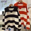 M4xl Vneck Striped Stitching Pullover Sweater Women Korean Fashion Loose Long Sleeve Knitted Casual Clothing 240304