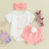 Ensemble de vêtements Baby Girls Pâques tenues de Pâques à manches courtes à manches courtes Rober Ruffle PP Shorts avec bande de cheveux 3pcs