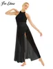 Scene Wear Women Adult Sleeveless Halter Sequined Mesh Maxi Ballet Dance Dress Performance med inbyggd trikå