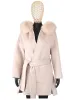 Fur FURYOUME New Cashmere Wool Coat Real Fox Fur Collar Jacket Winter Long Fashion Loose Outerwear Wool Casaco For Women With Belt