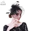 Stingy Brim Hats Welrog Women Fancy Feather Party Wedding Headwear Fascinators Veil Dot Print Yarn Pannband med Clips245B