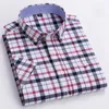 Été hommes à manches courtes col carré Plaid Stripe tout coton Oxford Textile affaires décontracté simple poche chemise S ~ 7XL 240305