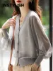 Cardigans Women Elegant V Neck Single Breasted Thin Sunproof Cardigan Elegant Korean Knit Simple Solid Sheer Topps Summer Casual Outwear