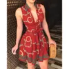 Sexy Printed V-neck Dresses Women Lace Up Button Down Chain Print Lapel Neck Party Dress Casual Long Sleeve and Sleeveless Fashion High Quality Shirt