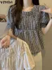 2024 VONDA Frauen Plaid Sommer Tunika Tops Vintage Kurzarm O Neck Casual Lose Blusas Femme