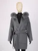 Kürk kürk yeni kaşmir yün ceket gerçek tilki kürk yaka ceket kış uzun moda gevşek dış giyim yün casaco kemerli kadınlar için