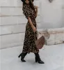 Klänning Autumn Lapel Lång modeklänning för kvinnor 2020 Casual Long Sleeve Split Leopard Print Dress Female Elegant Maxi Party Clothing