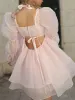 Dress Women's Mini Ruffle Dress, Long Puff Sleeve Sweetheart Neck Ruched Bust Princess Party Tulle Dress