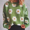 Pullovers Little Daisy Oneck tröja Kvinnor Jacquard Autumn Winter Simple Pullover Knit Elastic Jumper Casual Tjock Loose Yime Y2K Jumpers