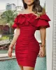 Dress Skinny Off Shoulder Floral Print Ruffles Ruched Dress Women Summer Solid Color Tierred Slim Shirring Bodycon Sexy Mini Skirt