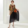 ドレス2023夏の新しい女性用プリントサテンフェイスエレガントなドレスファッションハイエンドショーシンラウンドネックハーフスリーブの気質ロングドレス