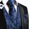 Gilets HiTie Bleu Marine Mens Gilet Formelle Soie Paisley Gilet Veste Cravate Mouchoir Boutons De Manchette Ensemble Pour Homme Robe Costume Fête De Mariage