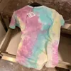 Designer dames T-shirt kubusvormig logo strass decoratie kleurrijk tie-dye patroon zomer dames casual los korte mouw Y2k shirts