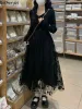 Dress Long Sleeve Midi Dress Women Aline Black Lace Square Collar Slim Sweet Girls Gentle Vintage French Style New Spring Chic OOTD