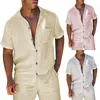 Mens 2-delade linne Set kortärmad lapeltröja med fickor och shorts Summer Beach Pants All Mens Set Slim Fit 240305