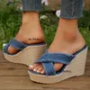 Cross Strap High Wedge Slippers Women Summer 2023 Blue Denim Chunky Platform Sandals Woman Non Slip Thick Sole Slides Flip Flops