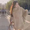 Смеси 2023 зимние женские однотонные элегантные свободные шерстяные пальто с воротником из искусственного меха женские средней длины корейские повседневные без рукавов женские пальто-накидки