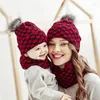 Berets Autumn Winter Parent-Child Knitted Hat Scarf Set Ladies Baby Red White Black Plaid Plush Ball Decoration Warm Cap Neckerchief