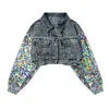 Women's Jackets Jackets Denim Jacket Cowboy Coat Lapel Lantern Sleeved Mixed Sequined Dance Stage High 240305