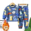 Autumn Winter Kids Thick Warm Pyjamas Baby Boys Girls Cartoon Long Sleeve Round Neck Pyjamas Toddler Sleepwear Clothing Set 240219