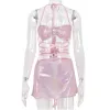 Costumes 2022 Glitter Rose Deux Pièces Ensemble Fée Grunge Bandage Robe Femmes Été Crop Top Mini Jupe Sexy Club Rave Festival Outfit p736