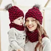 Berets Autumn Winter Parent-Child Knitted Hat Scarf Set Ladies Baby Red White Black Plaid Plush Ball Decoration Warm Cap Neckerchief