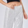 Capris Women Glitter paljettbyxor Sparkly paljett breda benbyxor Elastiska höga midja raka byxor för glänsande dansklubbkläder