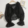 Cardigans à manches longues blanc noir haussements d'épaules pour femme cardigan robe de soirée formelle robes d'été veste élégante enveloppes à volants châle cardigans