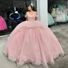 Rosa brilhante quinceanera vestidos para 15 anos vestido de baile sexy decote em v fora do ombro apliques renda tull vestido de festa longo para menina