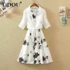 Dress Summer Fashion Floral Printing Elegant Tank Dress White Lace Up Shirt Set Ladies Sleeveless Waist Vestidos Women's Casual Robe