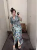 Dress New Summer Casual Elegant Retro Vneck Bubble Mid Sleeve Dress Bohemian Blue Printed Midi Dresses For Women 2023 Maxi Jurk