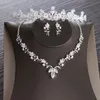 Deluxe Cubic Zirconia Leaf Bridal smycken Set Wedding Jewelry Set Rhinestone Crown Halsbandörhängen 240228