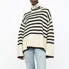 Tidig höstkvinnor Turtleneck tröja Pullover Hem Slitt Loose Stripes Långärmad varm kvinnlig Retro Jumper Tops 240223