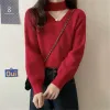 Pullover mit hängendem Hals, roter weicher wachsartiger Neujahrspullover für Damen im Herbst und Winter im neuen westlichen Stil, lose kurze Strickpullover, Top H1971