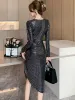 ドレスブラックスパンコールvneck女性のためのセクシーなクラブドレス2023韓国ヴィンテージラグジュアリープロムドレス