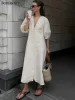 Klänning BornLadies Sexig V Neck Backless Long Women Dresses Summer Beige Puff Three Quarter Sleeve Dress Cotton Linne Casual Dress Robe