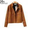 Trench UHYTGF Autumn Jacket Women Luxury Deer Suede Short Coat Long Sleeved Cardigan Female Windbreaker Elegant Loose Big Size Tops 38