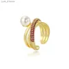 Bandringar 6st Tren Round Pearl Classic Rings for Women Colorful Zircon Brass Gold Color Crystal Ring Femme Wedding Party Jewelry Gift L240305