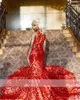 Işıltılı kırmızı deniz kızı balo elbiseleri 2024 şeffaf boyun boncuk artı boyutu tüyler brithday parti elbiseleri