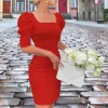 Женское весеннее элегантное офисное платье с квадратным воротником, лето 2022, мини-платье с пышными плечами и пуговицами, женское однотонное тонкое облегающее сексуальное платье