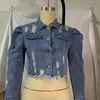 Vestes Femmes Vestes Automne Femmes Puff Manches Trou Denim Plus Taille Court Jean Ripped Manteau 240305