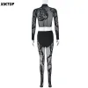 Suits Xiktop Sheer Tights Set Two Piece Women Sexy Mesh Flower Long Sleeve Tops + High Waist Seamless Pantyhose Leggings Nylon Suits