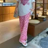 Capris Pink Love Heart Wide Leg Pants Kvinnor veckad stil Ny hög midja raka benbyxor mode lösa svepande byxor