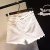 Shorts feminino solto cintura alta rasgado branco denim feminino verão ropa mujer