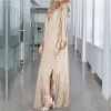 Klänning 2023 Champagne Gold Sexig snörning Plunging Neck Bats Hylsa Löst lång sommarstrandklänning Satin Women Beachwear Maxi Dress N877