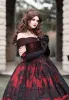 Gothic Belle Red Black Upcale Fantasy Wedding Dresses Gown Exponed Bening Corset Lace Applique Beading Victorian Masquerade