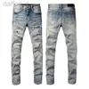 Jeans da uomo firmati AM jeans viola pantaloni jeans da uomo strappati ricami pentagramma patchwork tendenza pantaloni da moto di marca abbigliamento scarno 240305